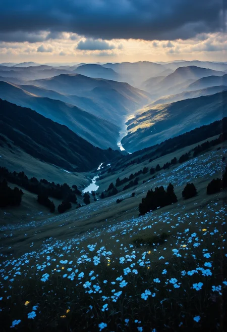 A breathtaking, mystical landscape at dusk. In the foreground, a dark wildflower meadow sways gently in the evening breeze, its blossoms glowing faintly in the fading light. Beyond the meadow, an endless expanse of rolling green hills stretches into the distance, carved by winding rivers that shimmer like silver threads. A deep valley nestles between the hills, where ancient trees rise, their silhouettes softened by the golden haze of twilight. The sky above is a masterpiece of dense, dramatic clouds, illuminated from within by the last light of the setting sun, casting ethereal beams that bathe the land in an otherworldly glow.