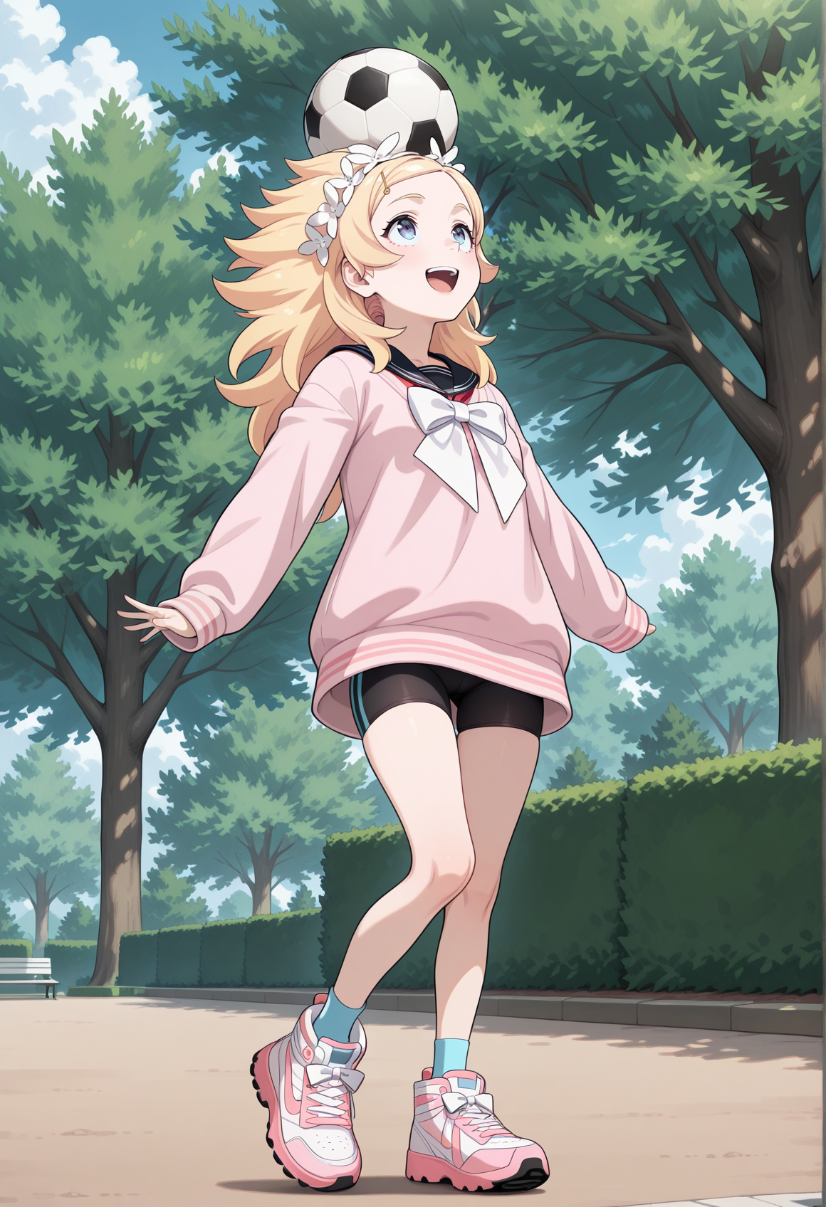 1girl, blonde hair, long hair, spiked hair, blue eyes, hair ornament, serafuku, pink sweater, one knee up, sneakers, pink footwear, soccer ball on head, outstretched arms standing, smile, arms at sides, park, open mouth, looking up, bike shorts  <lora:bubuki_blonde:1>, masterpiece, best quality, amazing quality, very aesthetic, absurdres, highres, newest