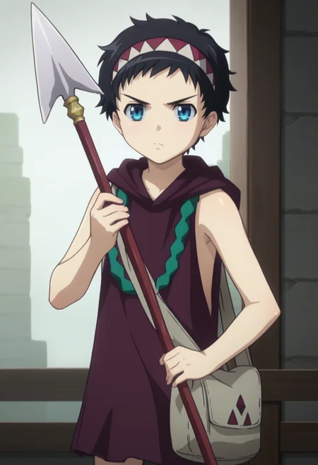 score_9, score_8_up, score_7_up, , <lora:add-detail-xl:3>,
BREAK
<lora:rana_qb:0.8>, rana, blue eyes, black hair, short hair, hairband, hooded dress, sleeveless, shoulder bag, ,
BREAK
solo, standing, serious, holding spear, spear,