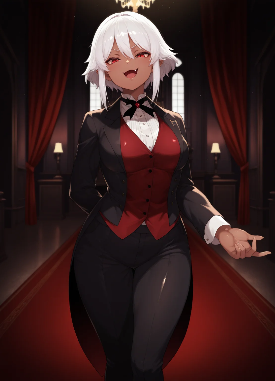 masterpiece, best quality, amazing quality, very aesthetic, absurdres, newest, scenery,extreme detail, 8k, light particles, soft lighting, volumetric lighting, intricate details, finely detailed, detailed eyes, 1girl, solo, vampire, white hair, dark-skin, dark skinned female, (tailcoat,tuxedo,frock coat:1.2), thighhighs, looking at viewer, standing, red eyes, mansion,bedroom, trousers,shirt,vest, smug, smirk, shiny skin, (medium breasts:1.3), thick, fang, half-open mouth,
<lora:Illustrious_Sekiyu_style:1>