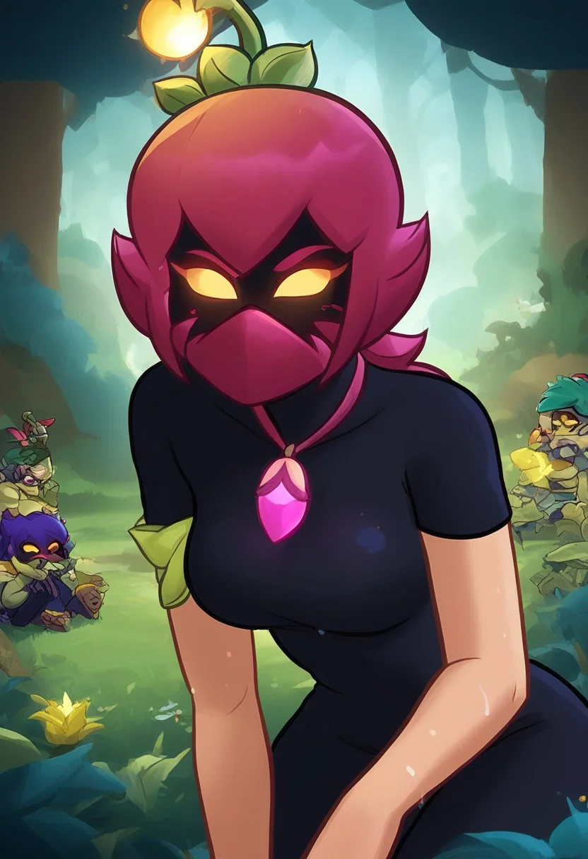 (score_9, score_8_up, score_7_up), 1girl, young adult,(Lily, brawl stars ) medium breasts, slim fit, small waist, sexy, perfect eyes,
bslily green skin , yellow eyes, shaded face, no mouth, pink hair , shaded face, ,pink mouth mask, plant gir ,
,sleveless , black bodysuit , asymmetrical sleeves, purple sleeve ,
Magic florest, dark Forest, mushroons, Magic mushroons,
Wet skin, glossy, pretty girl, focus on girl, aesthetic,