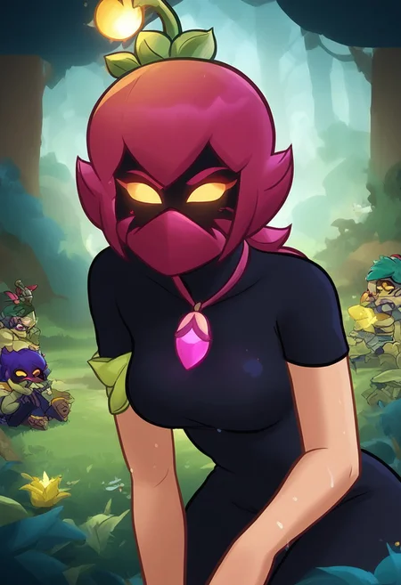 (score_9, score_8_up, score_7_up), 1girl, young adult,(Lily, brawl stars ) medium breasts, slim fit, small waist, sexy, perfect eyes,
bslily green skin ,  yellow eyes,  shaded face,   no mouth, pink hair , shaded face, ,pink mouth mask, plant gir  ,
,sleveless  , black bodysuit  ,  asymmetrical sleeves,  purple sleeve  ,
Magic florest, dark Forest, mushroons, Magic mushroons,
Wet skin, glossy, pretty girl, focus on girl, aesthetic,
