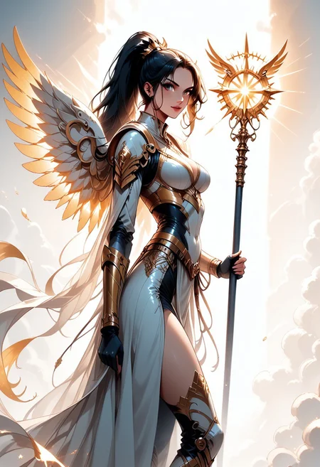 score_9, score_8_up, score_7_up, (Western Comics), a full body image of a sexy mechangel girl, caucasian, seductive, (glowing wings), solo, glowing armor, glowing halo, glowing mechanical 4 wings (hyperdetailed:1.15), detailed, light passing through hair, (ultra detailed, high quality texture), (sharp), (artistic image), 32K, 4K, ULTRA HD, small waist, large breasts, tight white bodysuit with, crop: -5, (3/4 portrait), wide view, ((her whole head and hair is visible)), zoomed out, ((wings completely visible)), (from thighs and up), wings folded along her body, cowboy shot, angelify, (monochrome background), (nothing in background), plain background, Long black hair in high ponytail, wings fully visible, hkmagic, ((holding a long magical wizard staff by her side with both hands)), staff, attack pose