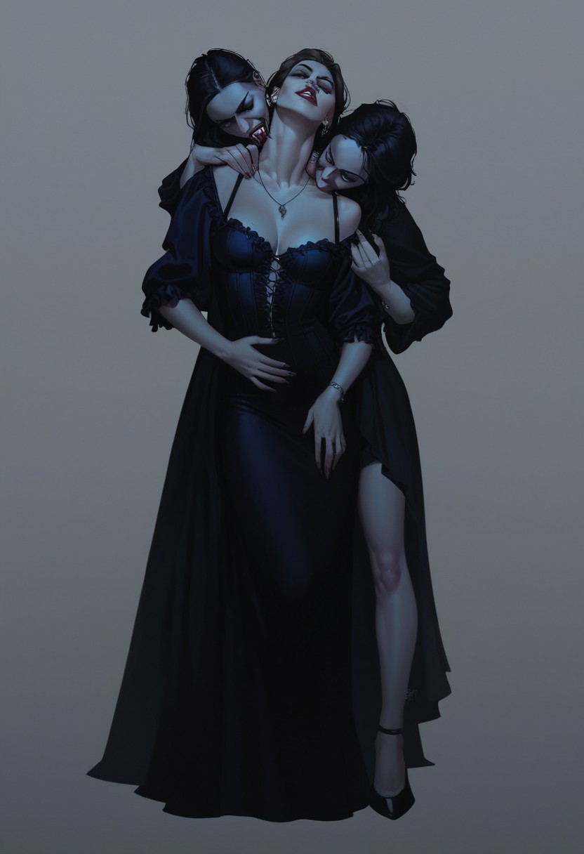 score_9, score_8_up, score_7_up, 2girls, 20 years old, gorgeous sexy vampire woman, wearing a short clubbing dress at night time, (biting a woman s neck:1.5), vmprbt, erotic, (sucking her neck:1.0), minimal city light, full body shot, in the middle of the city at midnight, sexy fantasy