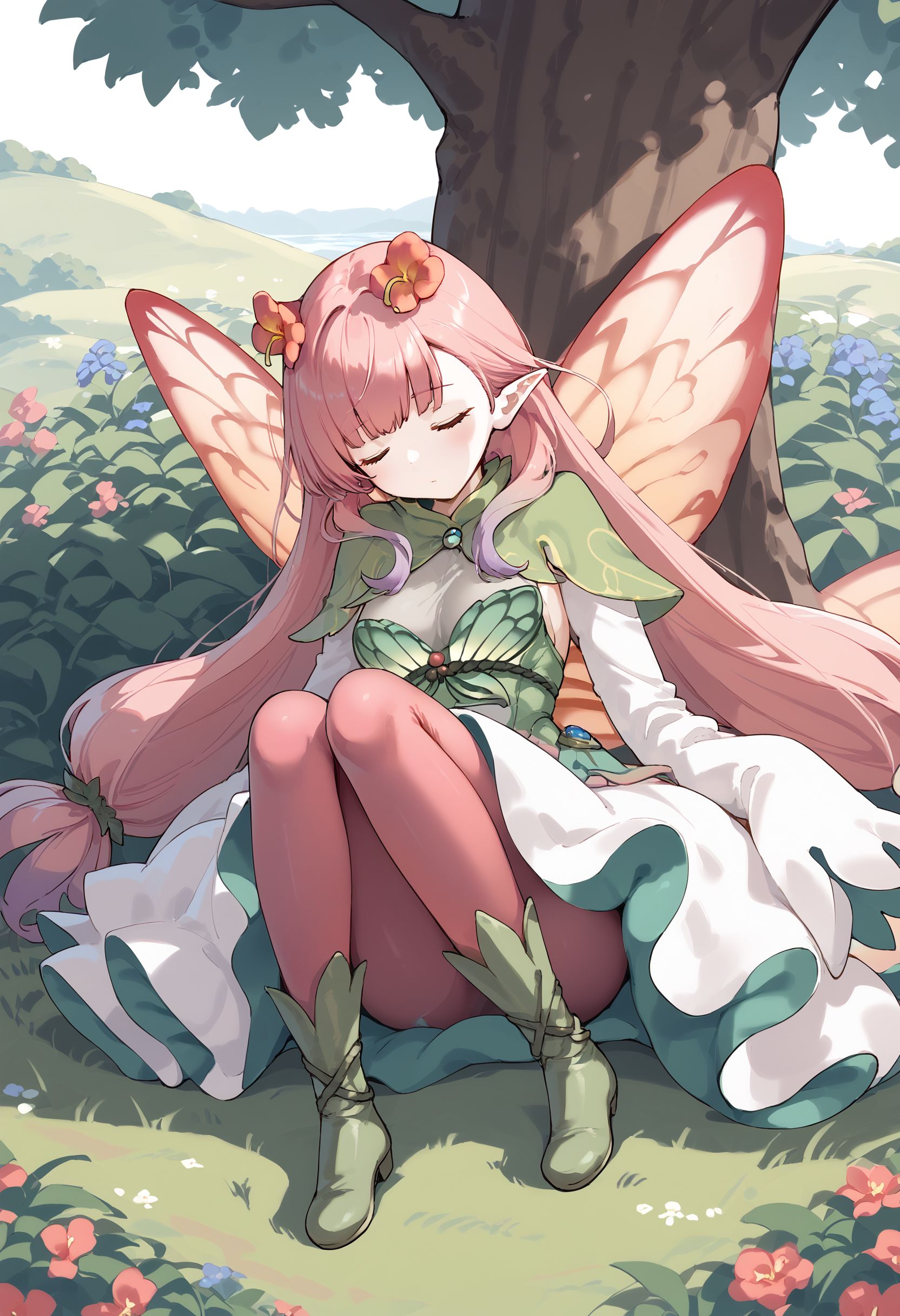 score_9, score_8_up, score_7_up, score_6_up, BREAK source_anime, best quality, masterpiece,
1girl,medium breasts,<lora:mirabilis fehPonyXL:0.8>,mirabilis feh,butterfly wings,detached sleeves,capelet,sleeveless dress,pantyhose,boots,low-tied long hair,full body,sitting,on ground,sleeping,against tree,grass