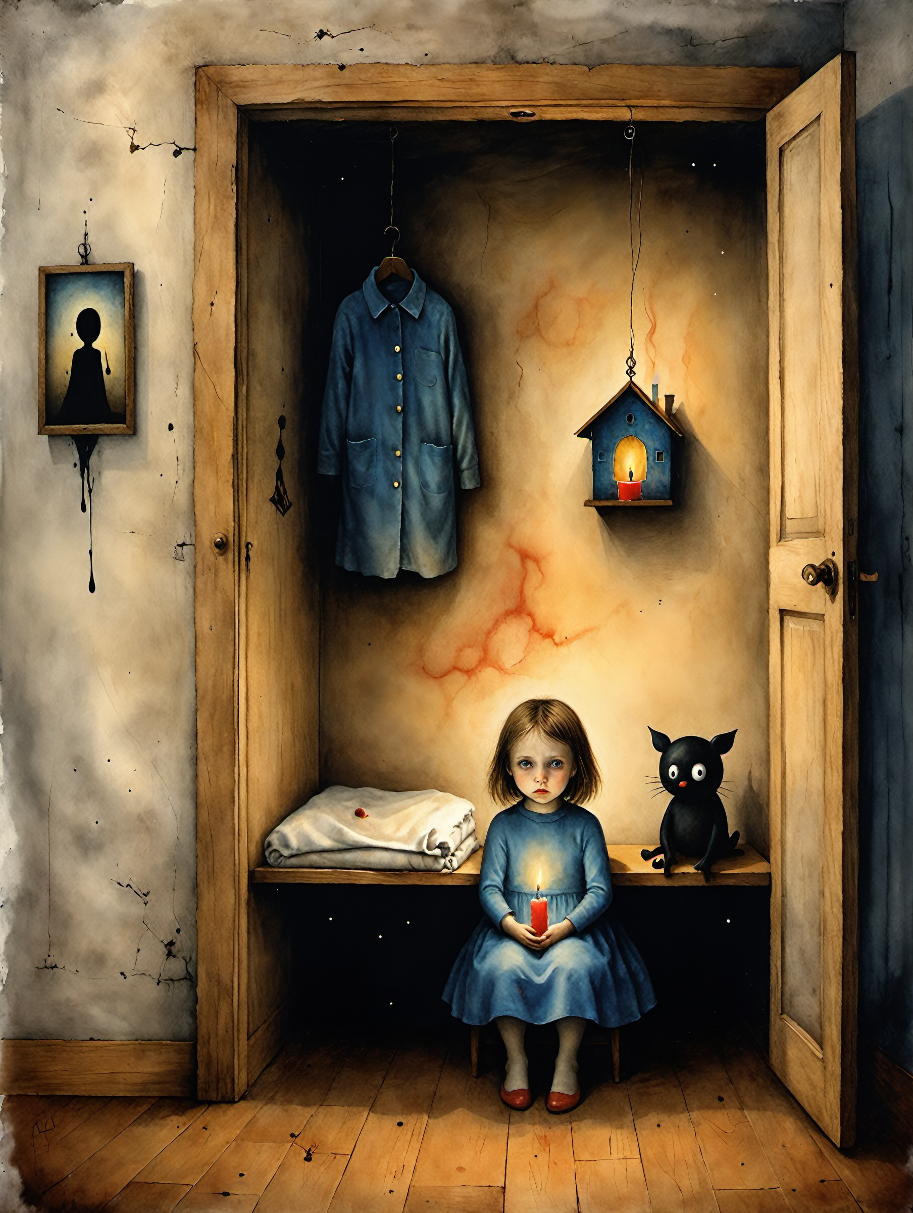 Surreal horror style by Pawel Kuczynski and Joan Miro and Bridget Bate Tichenor and Arthur Secunda,surreal abstract art,childhood astral projection,multiple floors house,decorated house,abstract anthropomorphic paradox midnight,weirdcore,depth of field,unsettling,asymmetric abstractions,surreal masterpiece,juxtaposition of the uncanny and the banal,sharp focus,creepy,never before seen art of beyond,dark oil watercolor,<lora:WildcardX-XL-Detail-Enhancer:0.5>,small little girl sitting inside a closet,hanging clothes,scared,covered with blanket,small candle on,<lora:Desolation:0.4>,