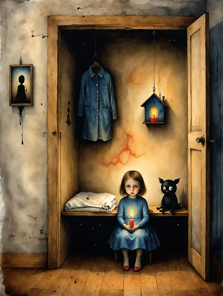 Surreal horror style by Pawel Kuczynski and Joan Miro and Bridget Bate Tichenor and Arthur Secunda,surreal abstract art,childhood astral projection,multiple floors house,decorated house,abstract anthropomorphic paradox midnight,weirdcore,depth of field,unsettling,asymmetric abstractions,surreal masterpiece,juxtaposition of the uncanny and the banal,sharp focus,creepy,never before seen art of beyond,dark oil watercolor,<lora:WildcardX-XL-Detail-Enhancer:0.5>,small little girl sitting inside a closet,hanging clothes,scared,covered with blanket,small candle on,<lora:Desolation:0.4>,