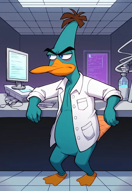 c4toony style, Doofapus, platypus, sfw, score_9, score_8_up, score_7_up, score_6_up, score_5_up, score_4_up, source_furry, hi res, 2D artwork.

1boy, solo, teal fur, male furry, duck feet, orange feet, webbed feet, duck bill, orange beak, beaver tail, orange tail, blue eyes, clothed, white lab coat, standing, neutral expression, looking away.
 
Laboratory equipment, machinery, table, front view, animal focus.

Indoors, laboratory, monitor, laboratory equipment, dark purple walls,