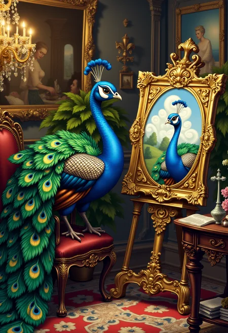 <lora:KFT_Curse_of_Dragons_Crown_Style_FLUX:1>
The image is a vibrant, digitally created kftfantasy illustration featuring A peacock painting a self-portrait in an ornate studio.