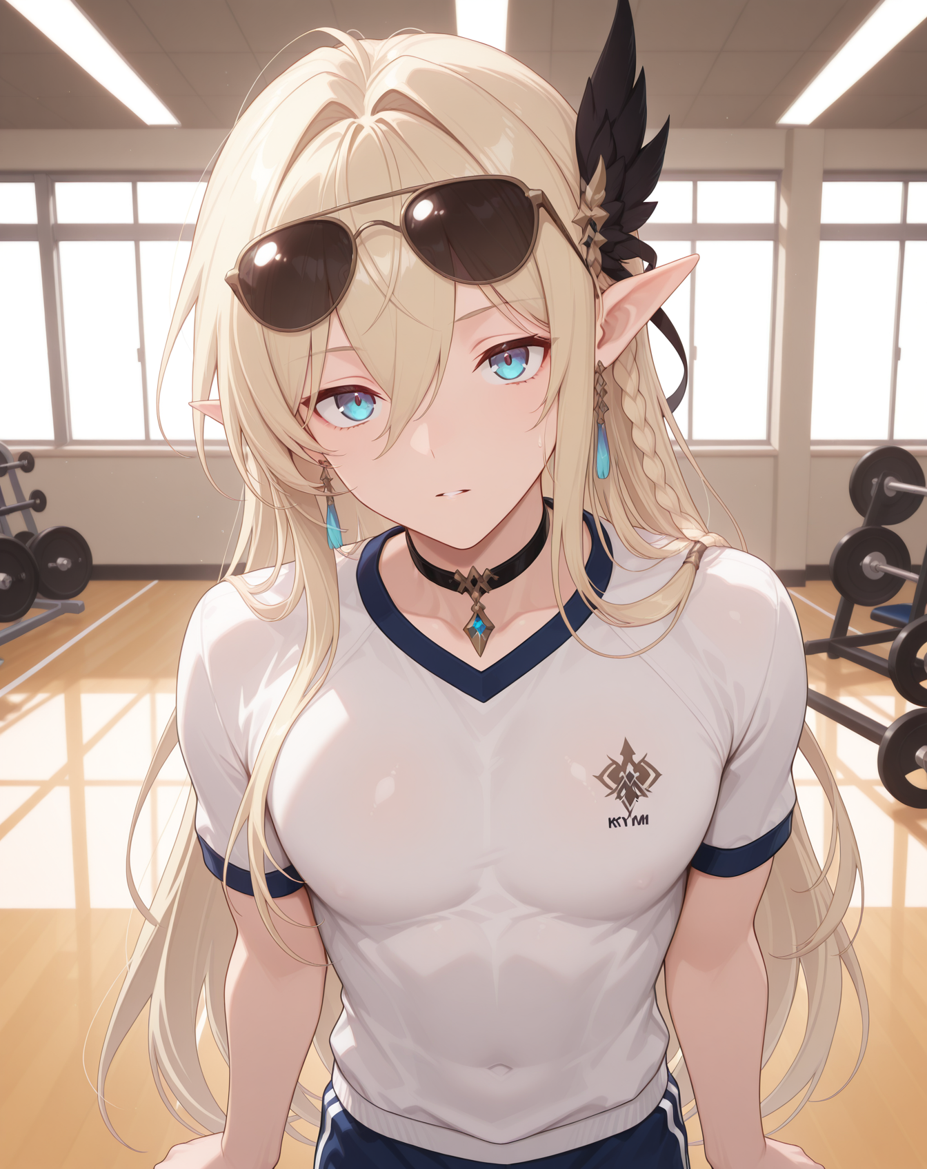 masterpiece,best quality,amazing quality, newest, very aesthetic, absurdres,
1boy, solo, yaoi, male focus, looking at viewer, cowboy shot, standing,
<lora:Grandiel_Forbbiden_Tome:1>   grandielfb, pointy ears, blonde hair, hair between eyes, blue eyes, long bangs, sunglasses,double-parted bangs, official alternate costume, side braid,
gym uniform, gym shorts, gym shirt,
indoors, gym,