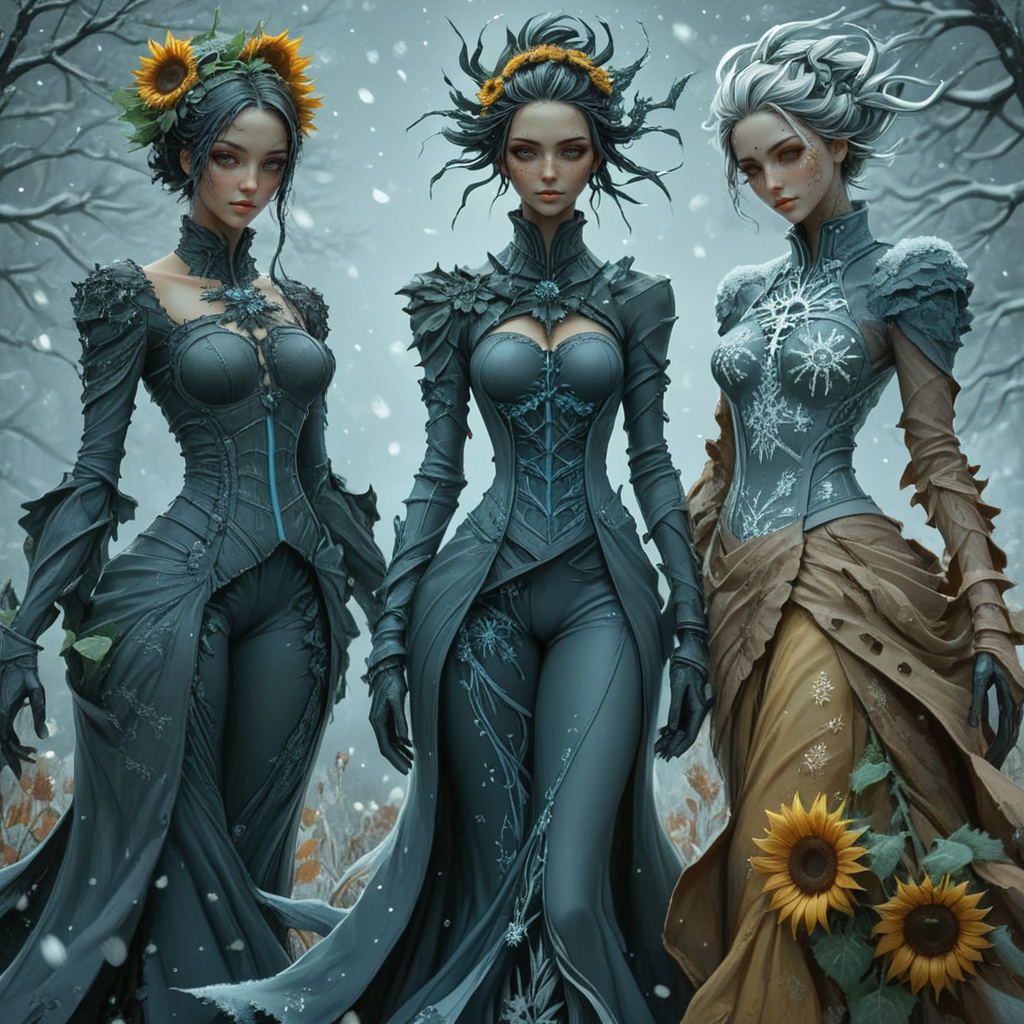 <lora:Eldritch_Sci-FiSDXL:1> ArsMJStyle, Eldritch Sci-Fi, four women representing the seasons, each dressed in richly detailed garments. They stand intertwined with the natural elements of their seasons  spring blossoms, summer sunflowers, autumn leaves, and winter snowflakes.