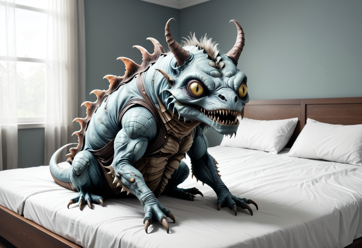 [Bat|caterpillar|Dolphin]-creature, sitting on bed, <lora:TheWeirdies_V2:1.0> thew3irdi3sv2