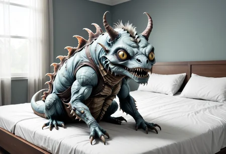[Bat|caterpillar|Dolphin]-creature, sitting on bed, <lora:TheWeirdies_V2:1.0> thew3irdi3sv2