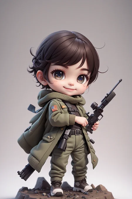 (masterpiece),(best quality),(ultra-detailed), (full body:1.2), 1boy,chibi, smile,(beautiful detailed face), (beautiful detailed eyes), (Simple and clean style_1.5), tactical vest, long overcoat, ballistic gear, black gear, (brown sweater),
sniper rifle, camouflage pants, checkered sash, knife,
<lora:blindbox_V1Mix:1> ,