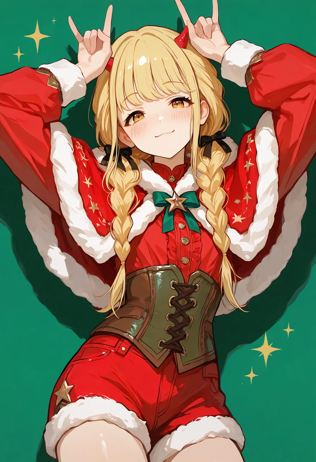 masterpiece, best quality, amazing quality, very aesthetic, absurdres, newest, 748cmstyle,
, fujita kotone, idolmaster, 1girl, arms up, blonde hair, blush, braid, capelet, corset, fur-trimmed capelet, fur-trimmed shorts, fur trim, green background, horns pose, long hair, looking at viewer, red capelet, red shirt, red shorts, shirt, shorts, smile, solo, star (symbol), twin braids, yellow eyes, looking_at_viewer, BREAK Bright And Sunny Lighting,Many shiny five-pointed stars <lora:ponyv4_noob1_2_adamW-000017:0.7000000000000001> <lora:USNR_STYLE_XL_lokr:0.45> <lora:748cmSDXL:0.8>