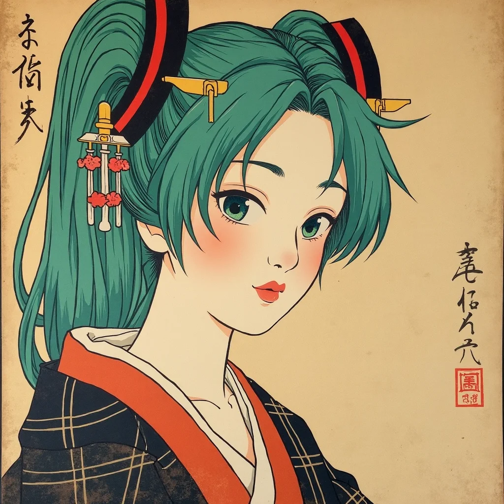 Aa weathered and dated ukiyo-e painting of portrait of Hatsune Miku
Edo-period, fashion, female-figures, everyday-life, Japanese, nature, portraits, Ukiyo-e, woodblock