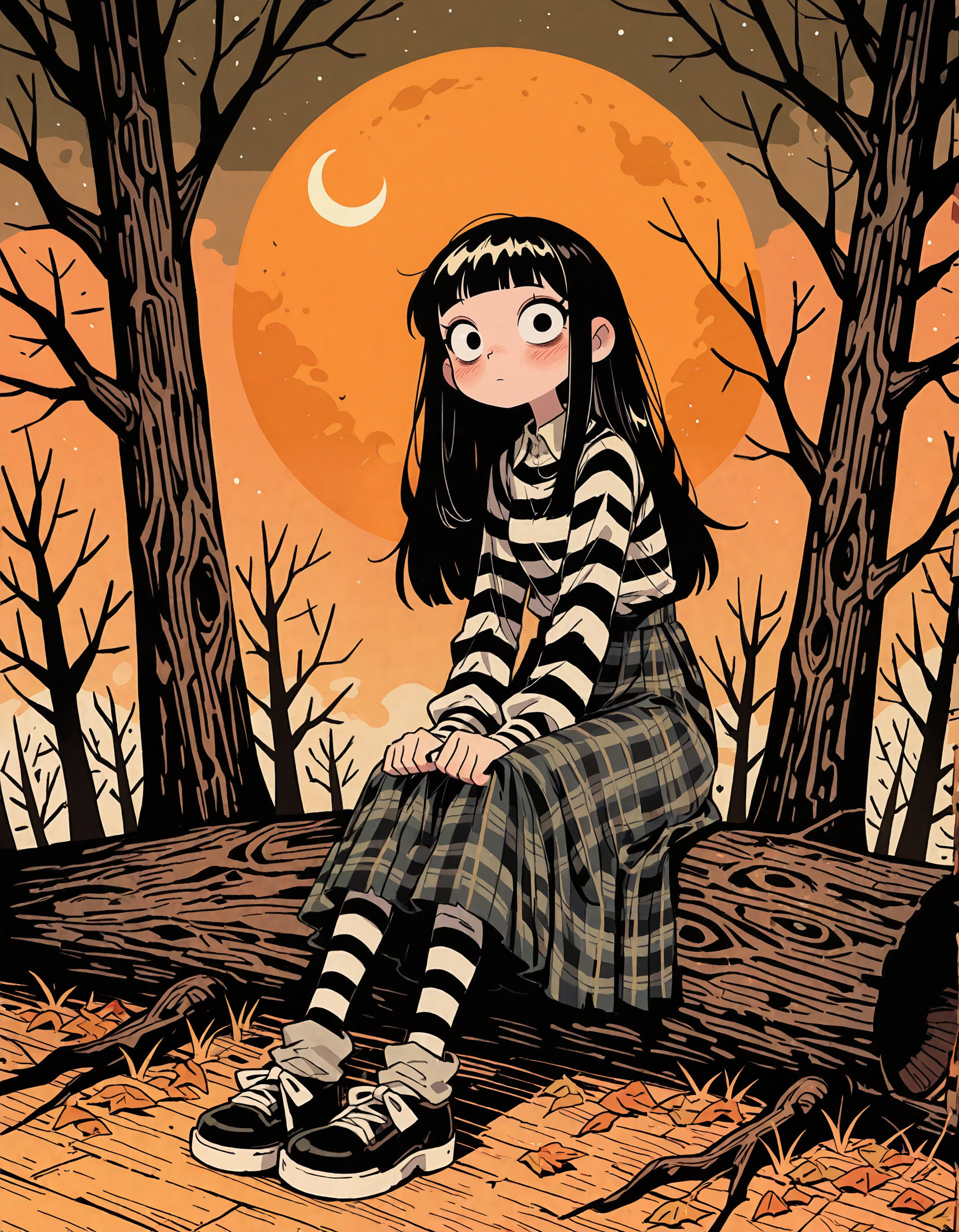 masterpiece, newest, incredibly absurdres, highres,  <lora:3Y3S_style:1>,3Y3S_illu,toon \(style\),1girl, striped, solo, long hair, black hair, sitting, tree, plaid, moon, pantyhose, shoes, plaid skirt, bangs, blunt bangs, bare tree, looking at viewer, crescent moon, blush, long sleeves, skirt,comic, monochrome,
