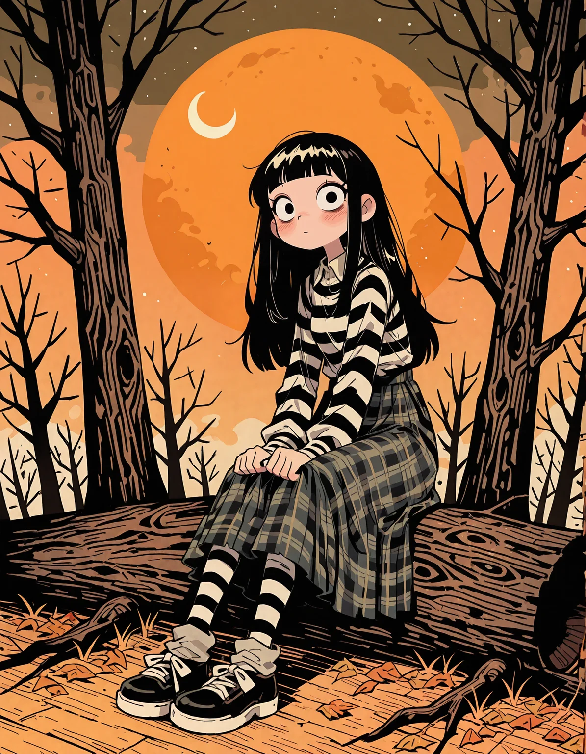 masterpiece, newest, incredibly absurdres, highres, <lora:3Y3S_style:1>,3Y3S_illu,toon \(style\),1girl, striped, solo, long hair, black hair, sitting, tree, plaid, moon, pantyhose, shoes, plaid skirt, bangs, blunt bangs, bare tree, looking at viewer, crescent moon, blush, long sleeves, skirt,comic, monochrome,