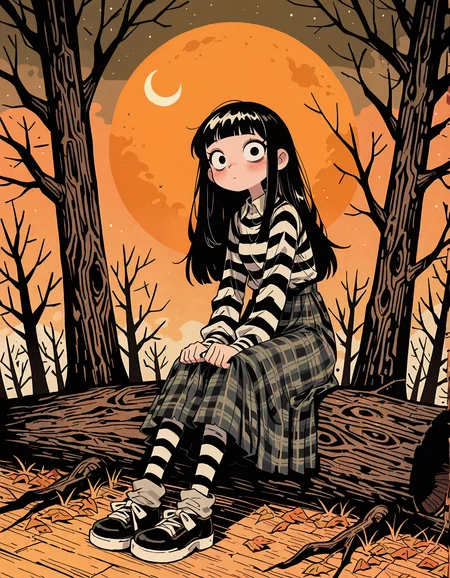 masterpiece, newest, incredibly absurdres, highres, <lora:3Y3S_style:1>,3Y3S_illu,toon \(style\),1girl, striped, solo, long hair, black hair, sitting, tree, plaid, moon, pantyhose, shoes, plaid skirt, bangs, blunt bangs, bare tree, looking at viewer, crescent moon, blush, long sleeves, skirt,comic, monochrome,