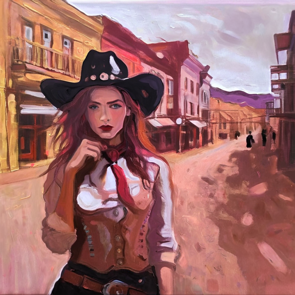 artmix07 beautiful cowgirl girl in the wild west with a town in the background<lora:artmix07:1>