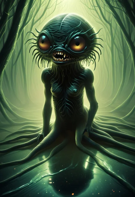 A young woman stands motionless, her expression distant, her body stiff as if trapped in an unseen force. Perched atop her head is a grotesque, cat-like creature—its form a disturbing fusion of fur, sinew, and shifting shadows. Its too-large, glowing eyes burn with an unnatural light, casting eerie reflections on her pale skin. Its jagged, oversized grin stretches impossibly wide, revealing rows of needle-like teeth that twitch with each breath.
The creature’s elongated, bony limbs drape over her skull, clawed fingers gently pressing into her scalp as if puppeteering her every movement. Its tail, thin and sinewy, coils tightly around her neck, pulsing faintly like a living parasite. Wisps of dark energy slither from its form, merging with the air around them. The woman’s lips move, but it is not her voice that speaks—a chittering, layered whisper emerges, ancient and unsettling.
The atmosphere is thick with unease, the air heavy with an unseen presence. Whatever the creature is, it is no mere cat—it is something far older, far stranger, and it has found its perfect host.