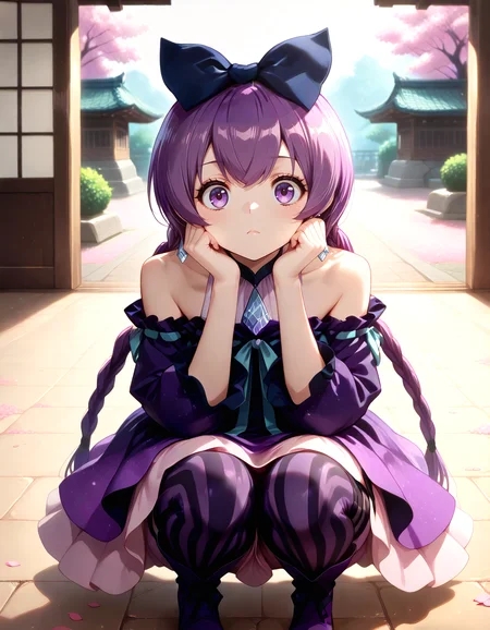 Smooth Quality <lora:mimiko_IL:1> mimiko, purple hair, long hair, twin braids, hair bow, purple eyes, jewelry, earrings, choker, bare shoulders, purple dress, vertical-striped pantyhose, purple footwear, 1girl, cherry_blossoms, closed_mouth, flower, hand_on_own_cheek, hand_on_own_face, looking_at_viewer, pink_flower, solo, squatting, thigh_strap, cherry_blossoms_showered_courtyard, intricate_roof_tiles, calligraphy_painting, zen_garden_elements, soft_rays_of_light, calm_expression, <lora:Expressive_Watercolor_Ink_wash:1> ArsMJStyle, Expressive Watercolor Ink Wash, detailed eyes, detailed face, detailed skin <lora:DetailedEyes_V3:1> <lora:cfg_scale_boost:0.7> <lora:Crazy_Btch_-_Psychopath_expression:1> psych0path <lora:ponyv6_noobE11_2_adamW:0.7>