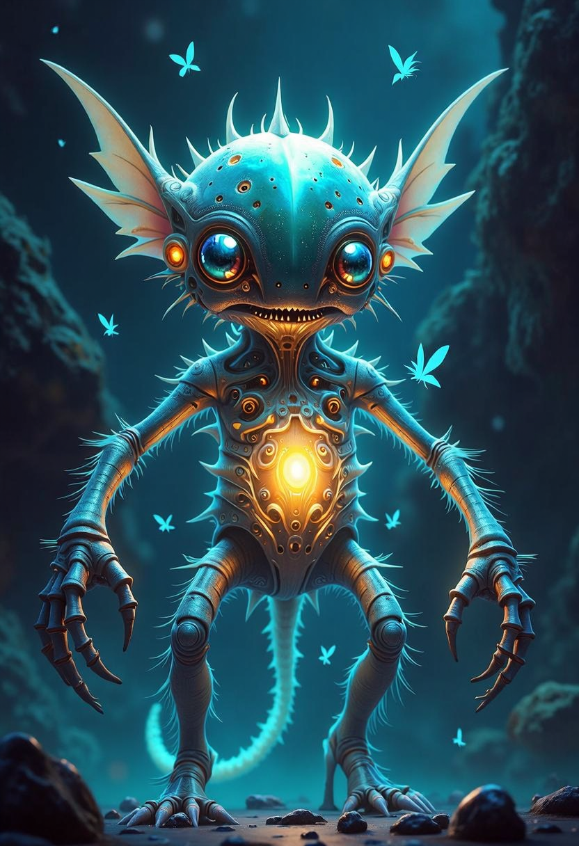 A yfg-bgy, its body emitting a strange, otherworldly glow, attracts mates.