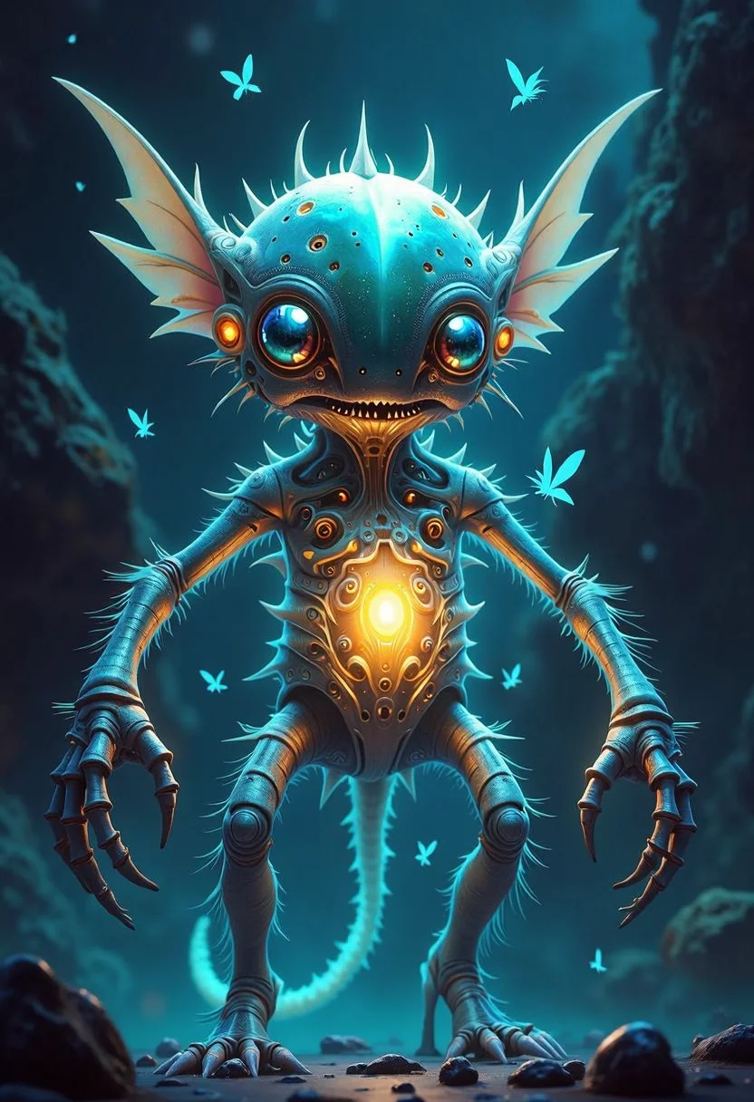 A yfg-bgy, its body emitting a strange, otherworldly glow, attracts mates.