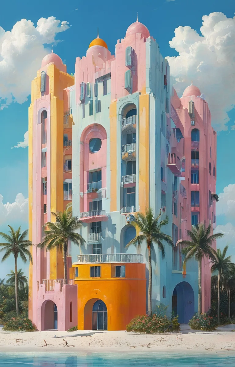 masterpiece,best quality,<lora:tbh306-sdxl:0.9>,illustration,design by Michael Graves, Art Deco hotel facade in Miami Beach, featuring pastel colors and streamlined forms