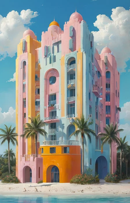 masterpiece,best quality,<lora:tbh306-sdxl:0.9>,illustration,design by Michael Graves, Art Deco hotel facade in Miami Beach, featuring pastel colors and streamlined forms