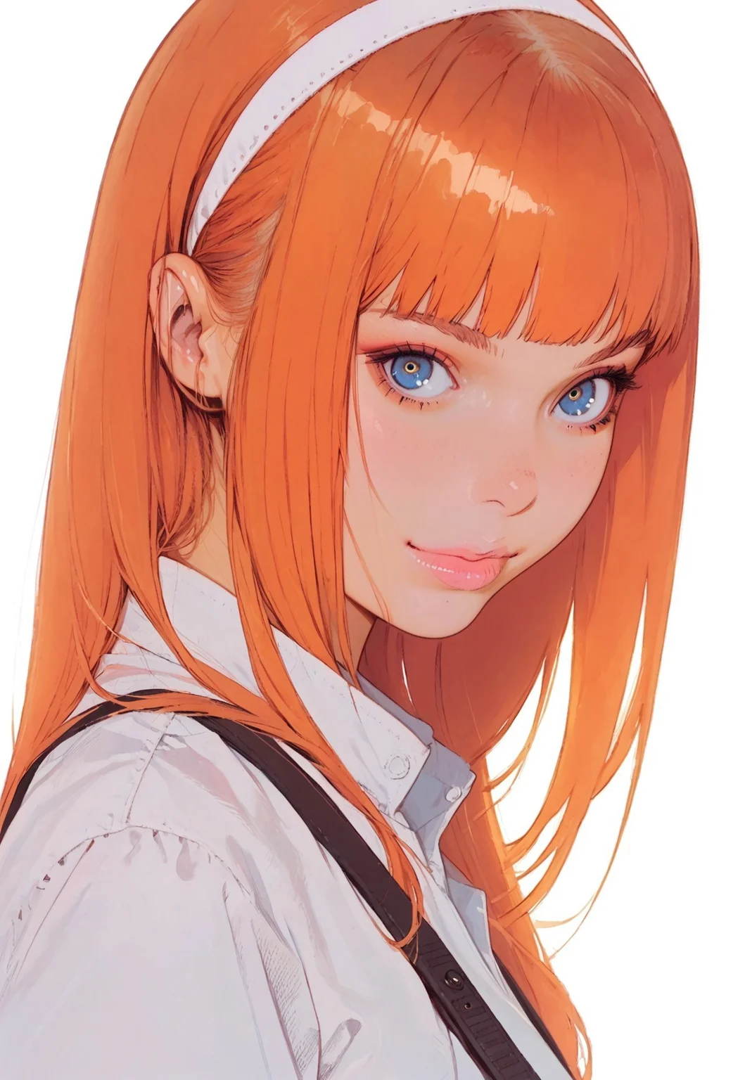 core_9, score_8_up, score_7_up, ultra detailed, Excellent quality, high resolution, close view, 1girl, bag, blue eyes, closed mouth, hairband, long hair, looking at viewer, midriff, orange hair, shirt, short sleeves, shoulder bag, Street background, smile, solo, white background, white bag, white hairband, white shirt