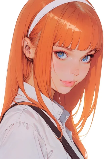 core_9, score_8_up, score_7_up, ultra detailed, Excellent quality, high resolution, close view, 1girl, bag, blue eyes, closed mouth, hairband, long hair, looking at viewer, midriff, orange hair, shirt, short sleeves, shoulder bag, Street background, smile, solo, white background, white bag, white hairband, white shirt
