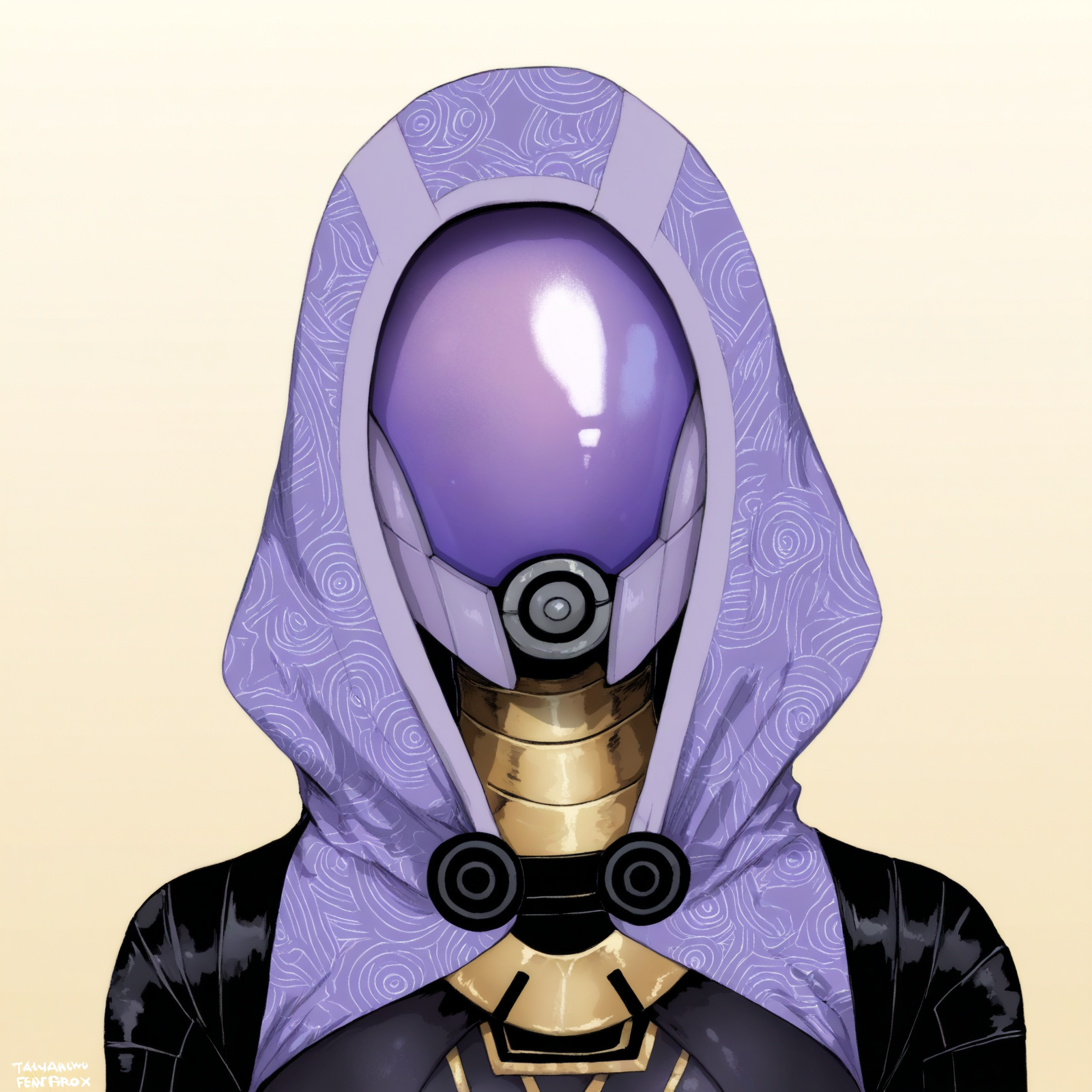 <lora:tali'zorah_noobv11eps_v1:1> (masterpiece, best quality, highres, absurd res, newest), , (by fenn.perrox, takanashi akihito:1.1), (tali'zorah, quarian:1.2), bodysuit, clothed, clothing, ((upper body, portrait)), headshot portrait, looking at viewer, covered eyes, helmet, hood, yellow background, gradient background,âââ