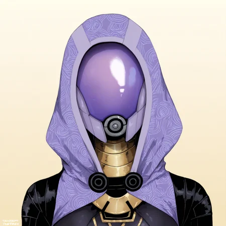 <lora:tali'zorah_noobv11eps_v1:1> (masterpiece, best quality, highres, absurd res, newest), , (by fenn.perrox, takanashi akihito:1.1), (tali'zorah, quarian:1.2), bodysuit, clothed, clothing, ((upper body, portrait)), headshot portrait, looking at viewer, covered eyes, helmet, hood, yellow background, gradient background,âââ