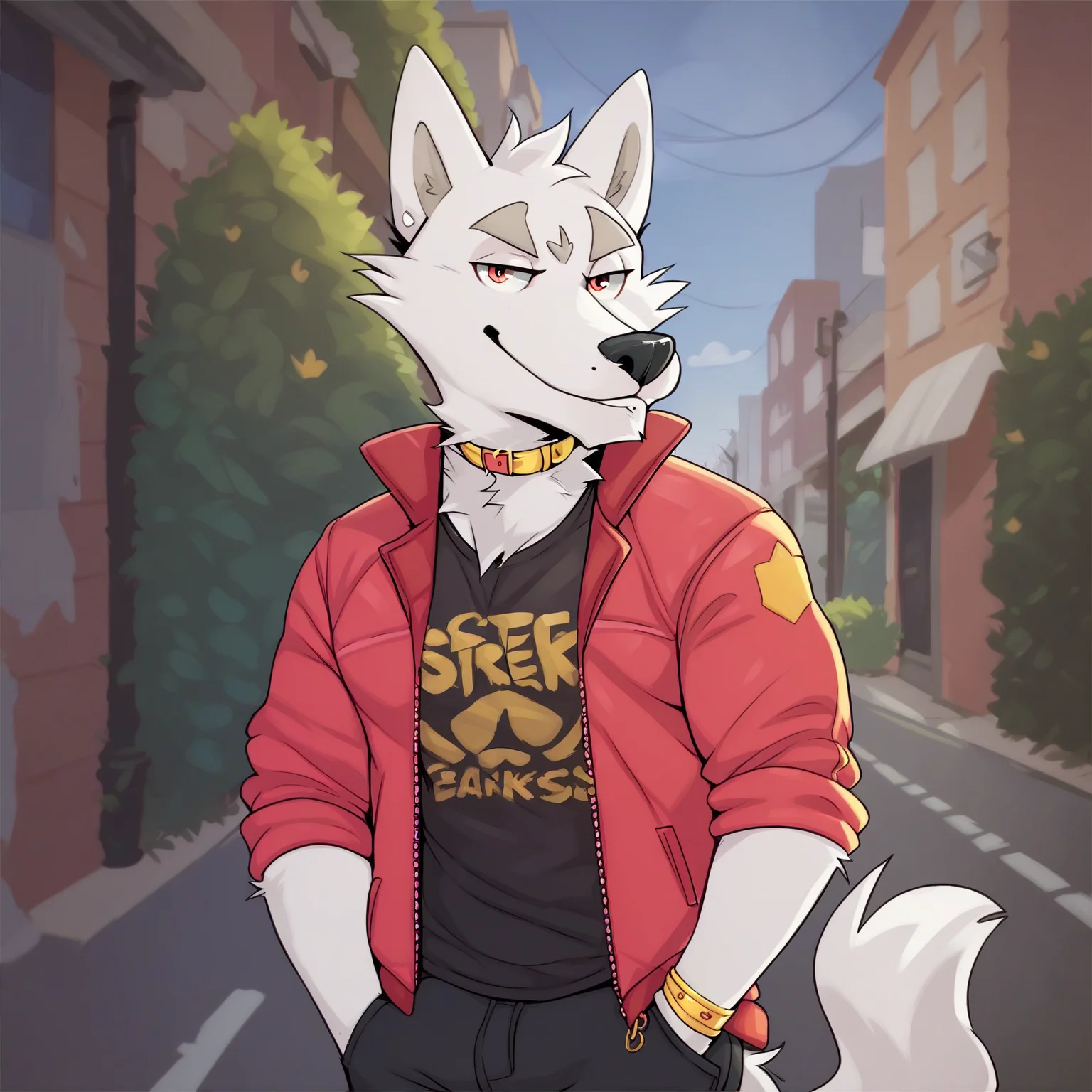 score_7_up, score_8_up, score_9, source_furry, <lora:CassiusPony:1>, cassius, smile, Cassius, solo, street, shirt, open jacket, pants, looking at viewer, smug, collar