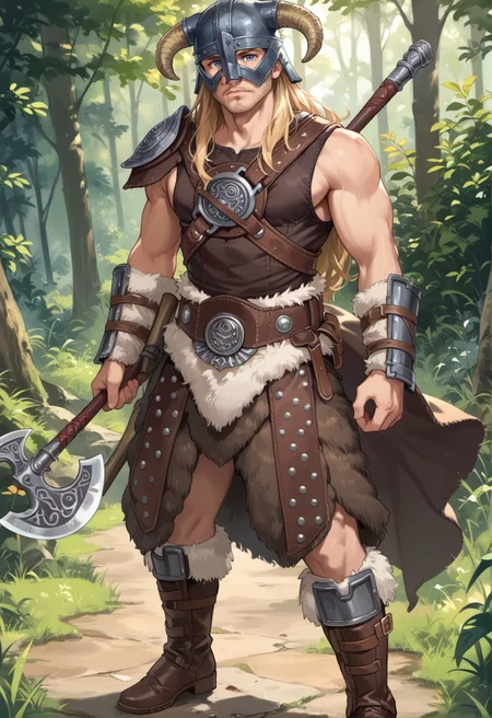(score_9:0.9),score_8_up,score_7_up,rating_safe,anime style,(zPDXL),<lora:Dovahkiin Armor ponyXL v1.5:0.74>,dovahkiin armor,1boy,horned helmet,solo,long hair,blonde hair,blue eyes,brown gauntlets,holding axe,brown knee boots,shoulder armor,looking at viewer,muscular male,
