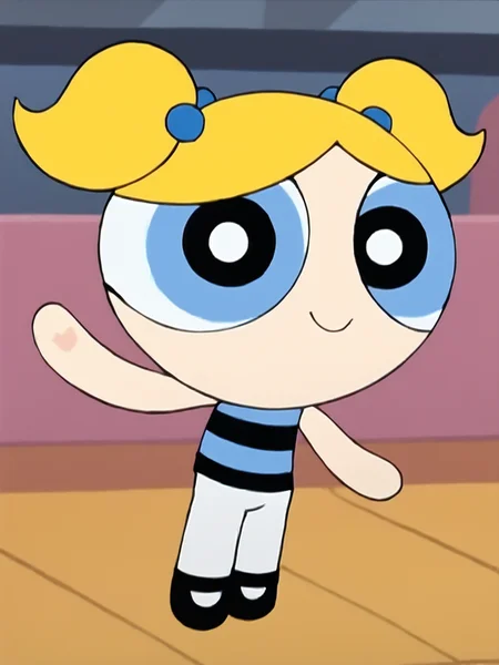 score_9, score_8_up, score_7_up, score_6_up, BREAK, PowBubbl3s, 1girl, solo, chibi, blonde hair, twintails, blue shirt, striped shirt , white pantyhose, black footwear, smile, upper body, raise left hand, waving, looking at viewer <lora:Bubbles:1>