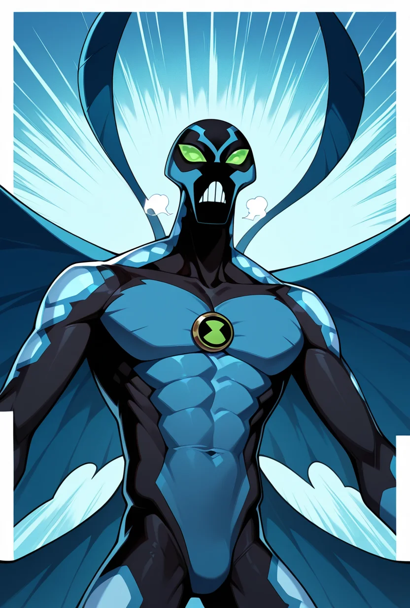 <lora:bigchill-07:1> bigchill, solo, 1boy, green eyes, blue skin, no humans, green sclera, teeth, no pupils, dynamic pose, blue background, looking at viewer, steam breath, blue wings, cowboy shot, masterpiece, best quality, amazing quality, very aesthetic, absurdres, newest,, upper body, halftone effect, white borders, abstract background:1.2,
