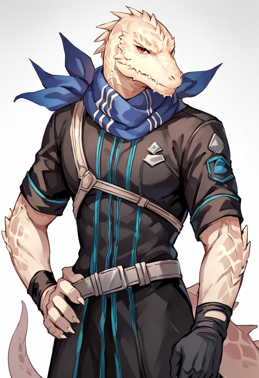 <lora:RangerArkKPony1.0:1>rangers, 1boy, white scales, scalie, uniform, male focus, solo, blue scarf, red eyes, single glove, belt, wristband, tail, score_9, score_8_up, score_7_up, score_6_up, score_5_up, score_4_up, looking at viewer, hand on own hip, cowboy shot,