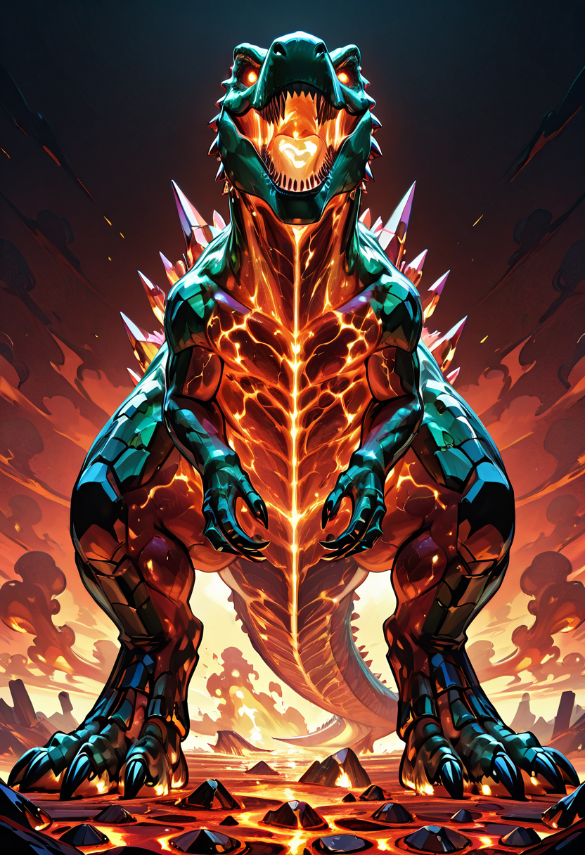 masterpiece, best quality, no humans,   ,<lora:CrystalKingDino_IXL:0.8>,  zzCrystalKing, crimson crystal scales, magma veins, ember eyes, smoke clouds, volcanic crater, lava flows, roaring stance, top-down perspective, molten glow, destructive atmosphere â Standing in the heart of a volcanic inferno, the zzCrystalKing glows with searing crimson heat. Its body pulses with molten veins, magma oozing from between crystal plates. The air shimmers with heat distortion as it roars into the ash-filled sky, embers cascading down its glistening form. The ground around it fractures with every footstep, lava surging at its command. It is not a creatureâit is cataclysm given form, a living eruption.