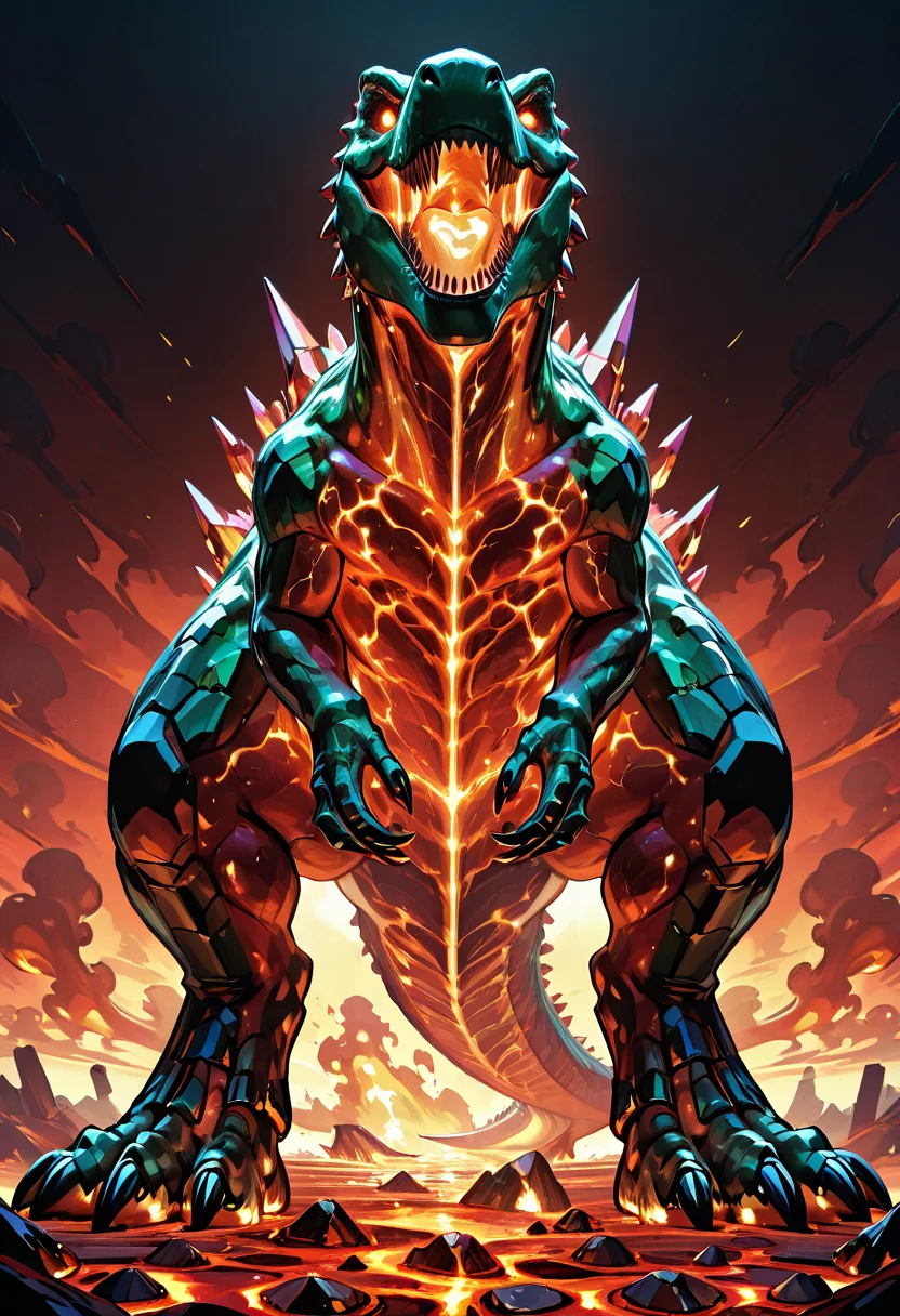 masterpiece, best quality, no humans, ,<lora:CrystalKingDino_IXL:0.8>, zzCrystalKing, crimson crystal scales, magma veins, ember eyes, smoke clouds, volcanic crater, lava flows, roaring stance, top-down perspective, molten glow, destructive atmosphere â Standing in the heart of a volcanic inferno, the zzCrystalKing glows with searing crimson heat. Its body pulses with molten veins, magma oozing from between crystal plates. The air shimmers with heat distortion as it roars into the ash-filled sky, embers cascading down its glistening form. The ground around it fractures with every footstep, lava surging at its command. It is not a creatureâit is cataclysm given form, a living eruption.