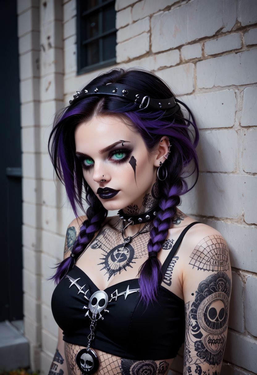 score_9, score_8_up, score_7_up, BREAK
Aesthetic: ((goth, dark, macabre, subculture, fashion, music):1.4) BREAK,
lighting: Chiaroscuro Lighting Style, detailed, clean, urban scenery, ink BREAK
Quality: intricate, highly detailed, sharp focus, realistic, 8k BREAK
Appearance: (22 years old), white girl, greek girl, green eyes, detailed eyes, perfect eyes, twin braids, violet hair, BREAK
(good quality:0.996), BREAK