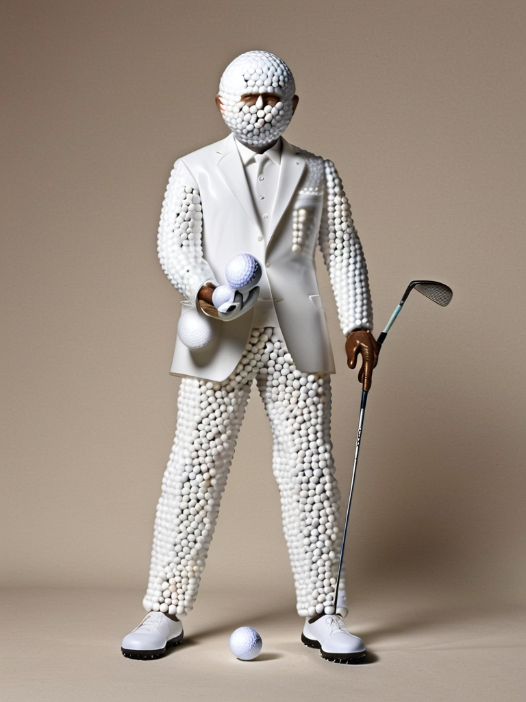 <lora:g0lfb4lls_v2:1>, high quality, high resolution, man, made of golf balls
