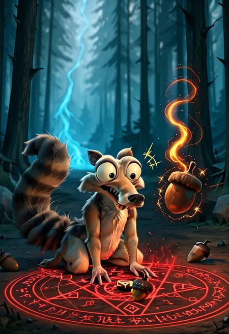 masterpiece, best quality, good quality, very aesthetic, absurdres, newest, 8K, depth of field, focused subject, dynamic angle, pov from the side, Scrat, long snout, bushy tail, bulging eyes, striped tail, he is kneeling on next to the summoning circle, his hands against the floor, on the ground is a summoning circle, (acorn in middle of summoning circle:1.3), excited expression, magical energy, forest in background, A3THER