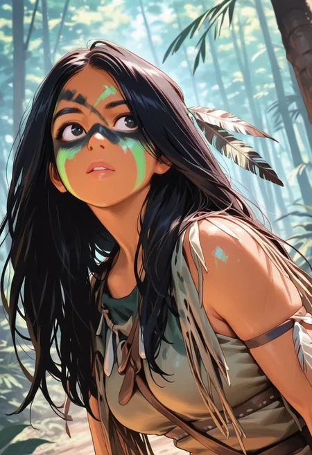 masterpiece, best quality, amazing quality, very aesthetic, absurdres,  newest, detailed background, upper body, outdoors, dynamic angle, 4k, 8k, jungle
naruprey, solo, 1girl, black hair, long hair, green facepaint, black facepaint, multicolor facepaint, feather hair ornament, tribal, 
 <lora:Naru_-_Prey_Illustrious:1>