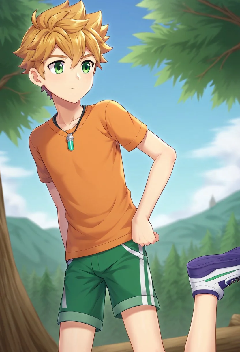 connor, blond hair, bangs. green eyes, short hair, camp buddy, boy, wear orange shirt, solo, young, small body, white half pants, outdoor, sunny day, clear sky, proportional body, (balance body:1.20), strong leg
