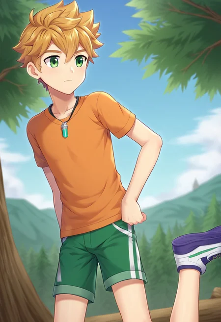 connor, blond hair, bangs. green eyes, short hair, camp buddy, boy, wear orange shirt, solo, young, small body, white half pants, outdoor, sunny day, clear sky, proportional body, (balance body:1.20), strong leg
