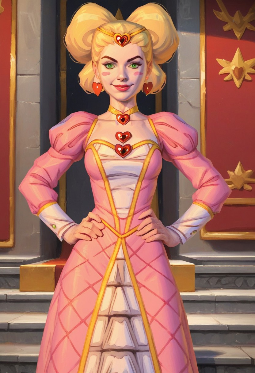 Score_9_up, score_8_up, score_7_up, score_6_up, 1girl, solo, Duchess_B_MSK, blonde hair, gold choker, green eyes, pink dress, heart earrings, heart brooch, blush stickers, gold circlet, smile, standing proudly, indoors, throne room, hands on hips, adult, (realistic, painted art)