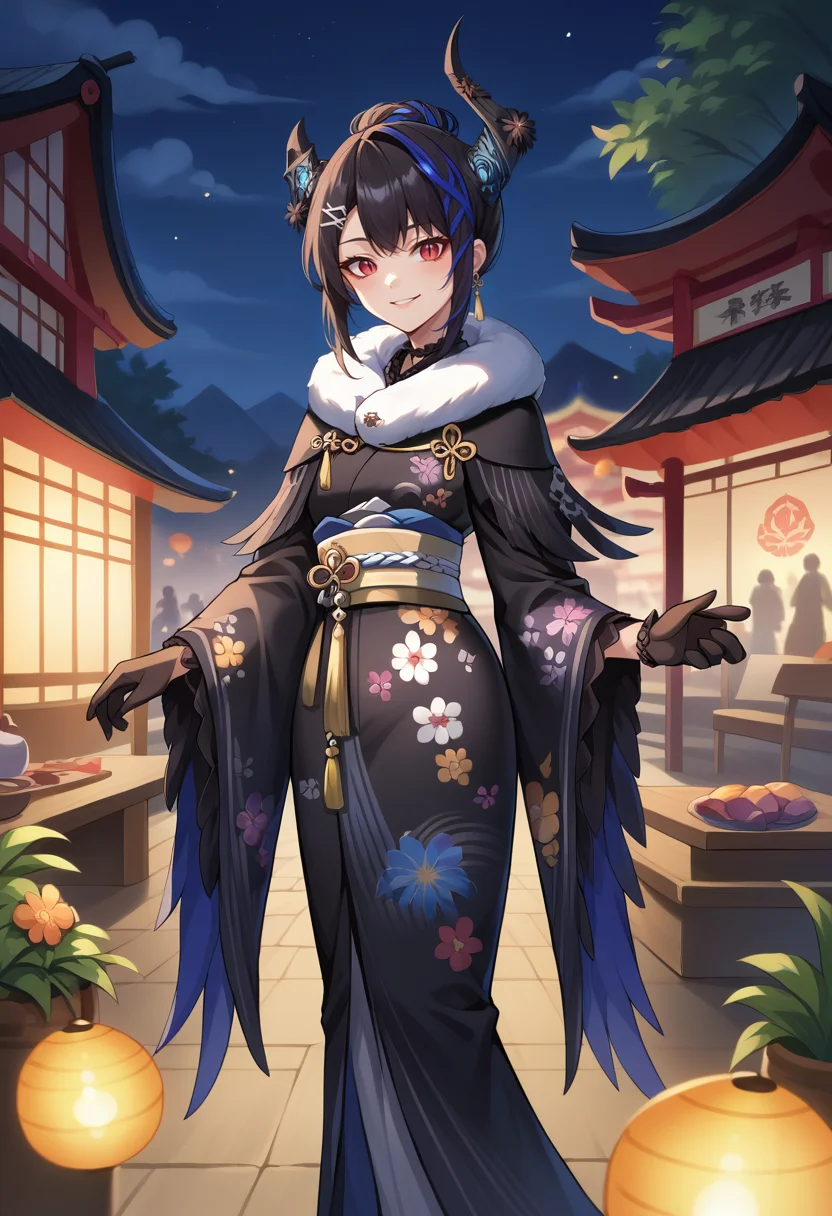 score_9, score_8_up, score_7_up, source_anime, 1girl, solo, NerissaNewYears, streaked hair, black hair, blue hair, red eyes, slit pupils, uneven horns, hair bun, hair flowers, hairclip, tassel earrings, frilled choker, black kimono, feather-trimmed kimono, floral print, white fur scarf, black lace gloves, outdoors, shrine, smile, night, festival, <lora:ChamNerissaRavencroftPonyXL:1>