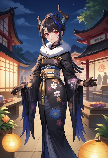 score_9, score_8_up, score_7_up, source_anime, 1girl, solo, NerissaNewYears, streaked hair, black hair, blue hair, red eyes, slit pupils, uneven horns, hair bun, hair flowers, hairclip, tassel earrings, frilled choker, black kimono, feather-trimmed kimono, floral print, white fur scarf, black lace gloves, outdoors, shrine, smile, night, festival, <lora:ChamNerissaRavencroftPonyXL:1>
